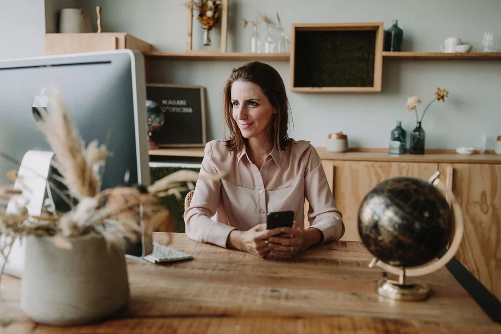 Bianca Topham at her desk — calm, focused work-life balance